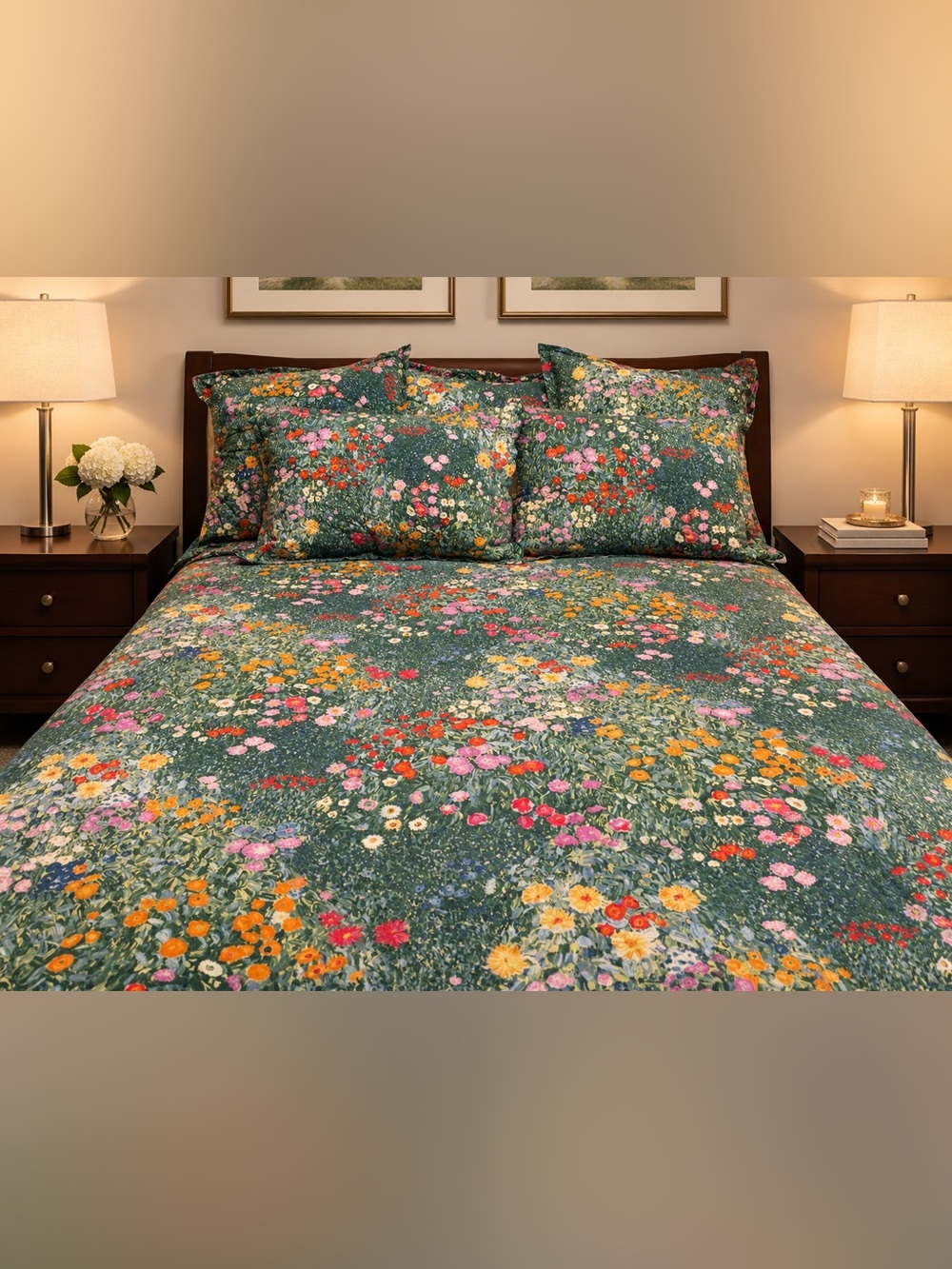 Cuddledown Monet Percale Floral Green King Duvet Cover, 5 Shams